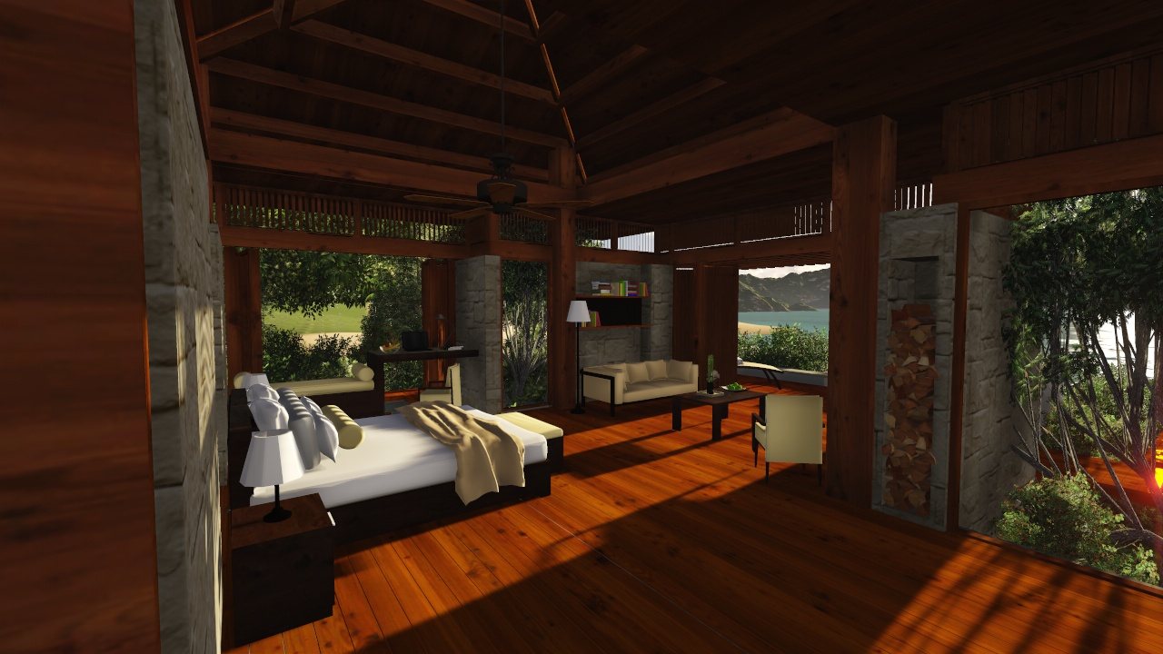 Bedroom with timber ceiling and views to the water