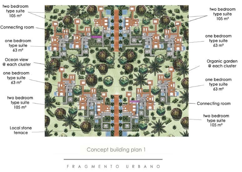 Concept building plan showing suite clusters and organic gardens