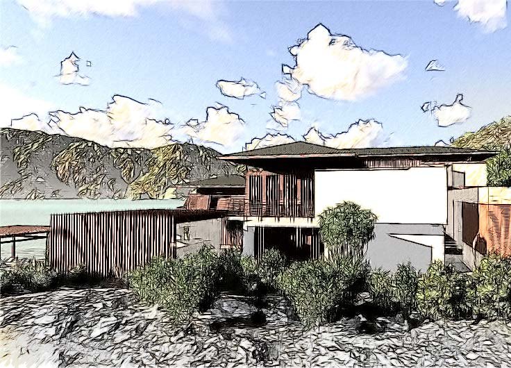 Architectural sketch elevation of a villa on the volcanic terrain