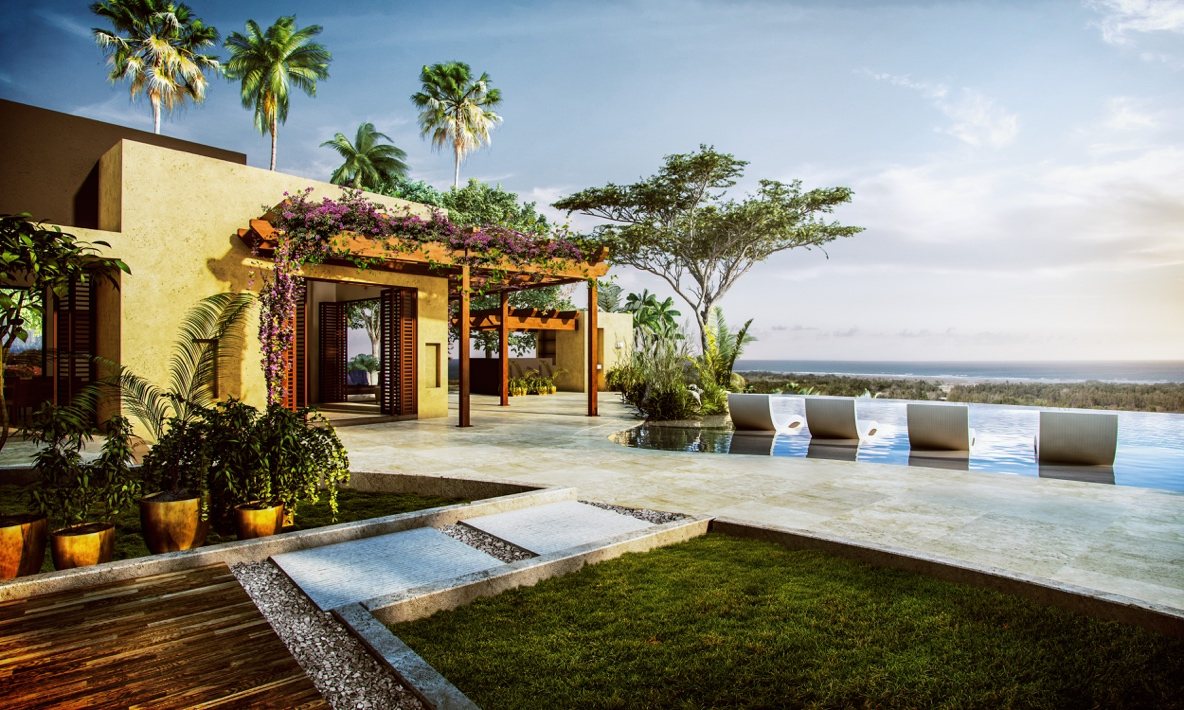 Shaded terrace with sea views