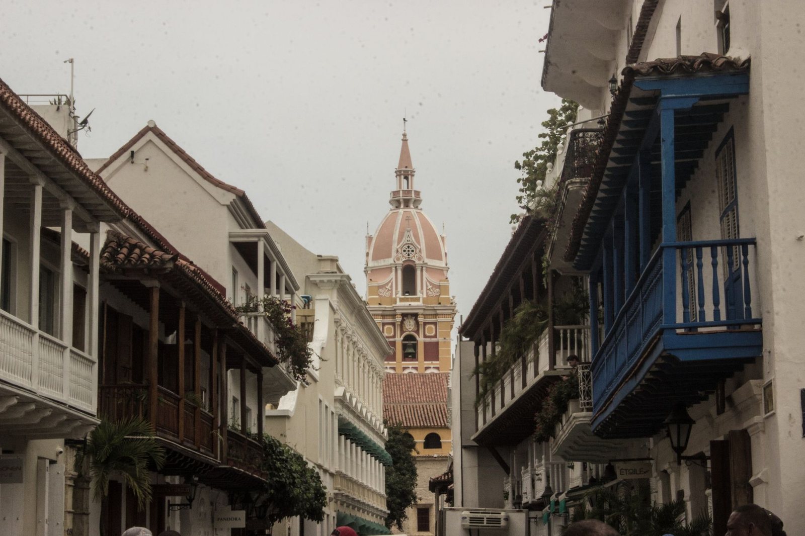 Balconies and the cathedral tower in the walled city of Cartagena, Colombia