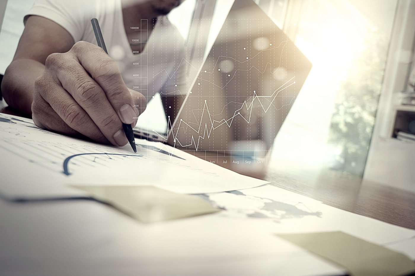 Financial and analytical dashboards on a screen